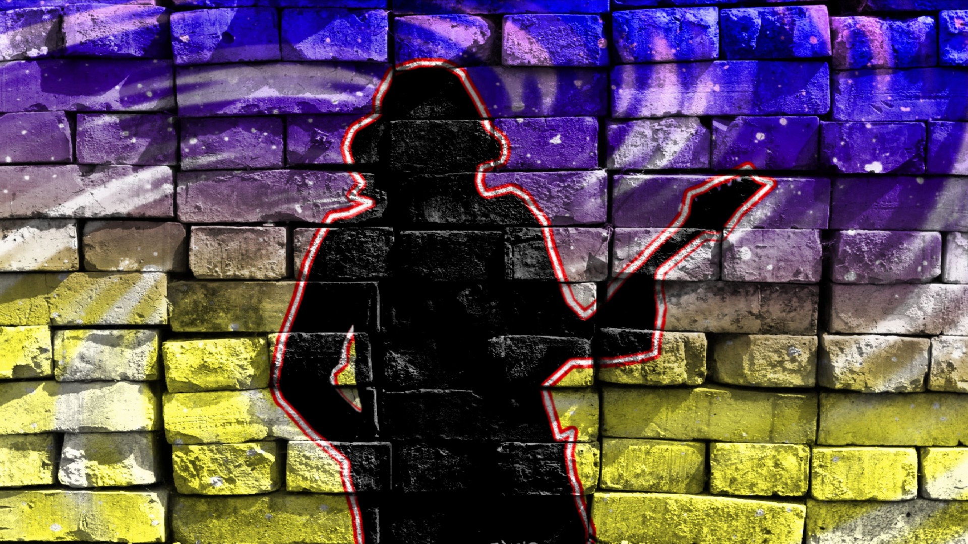 Silhouette of a guitarist in a baseball cap playing the guitar on a bright background. Virtual graffiti. Image, drawn on a photo of a brick wall.